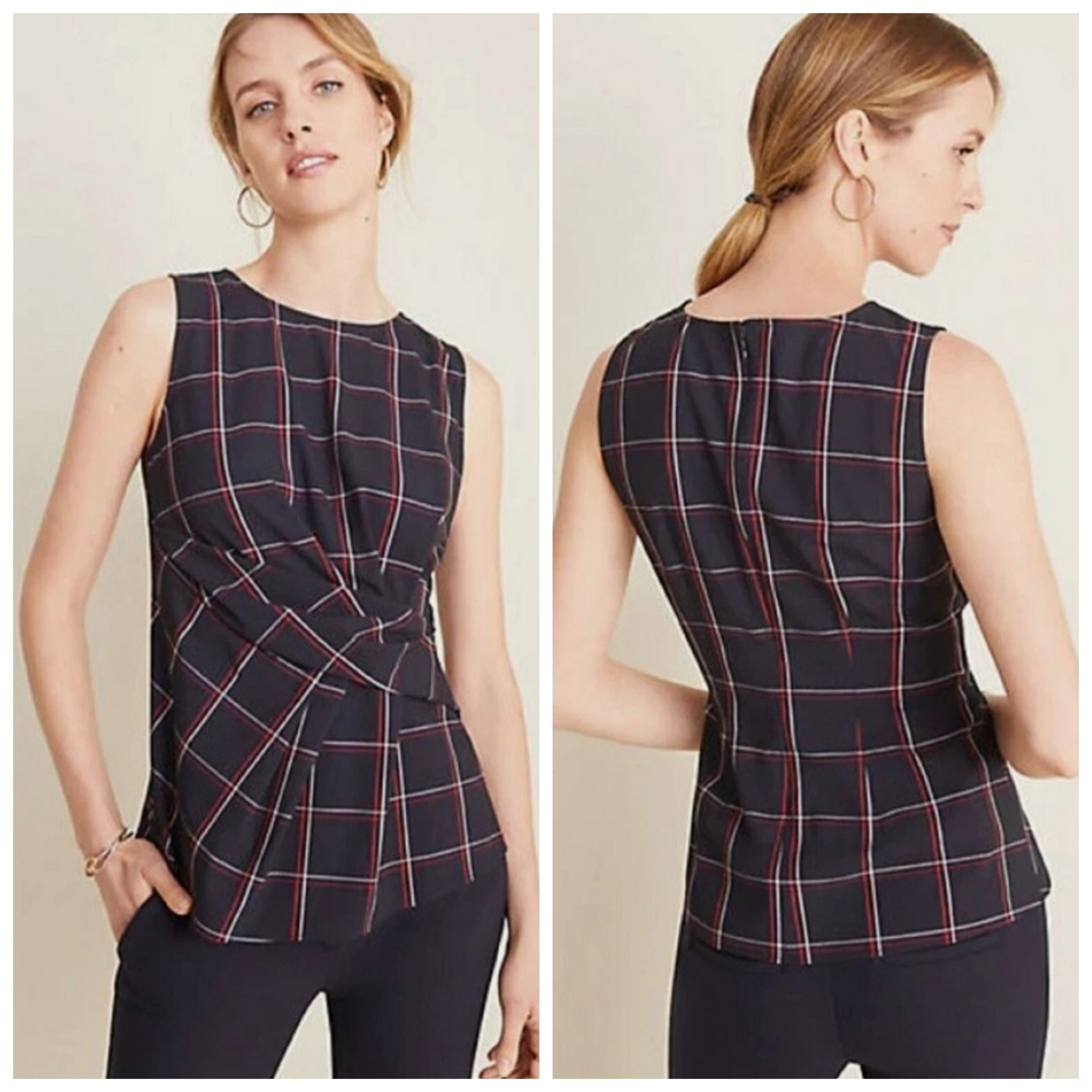 Women's Black and Red Plaid Sleeveless Top (17" pit to pit & 24" L)